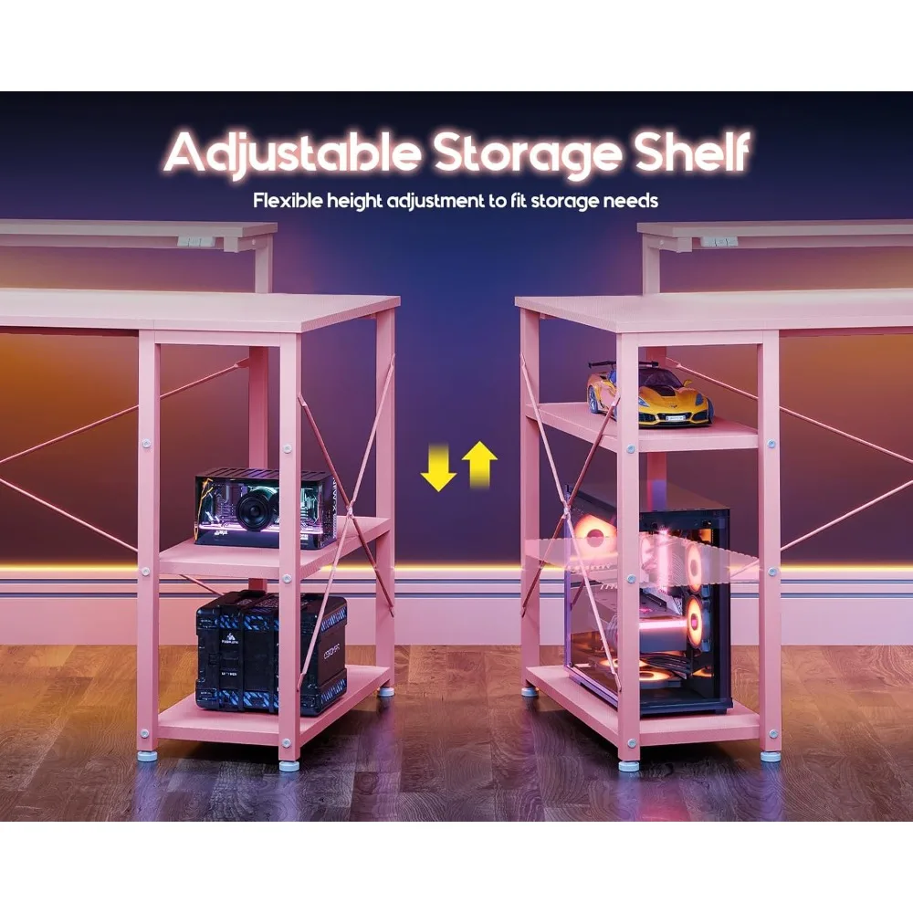 Mesa de jogos pequena de 40 polegadas com armazenamento e luzes LED, mesa de computador com prateleira, mesa de jogador reversível com ajustável