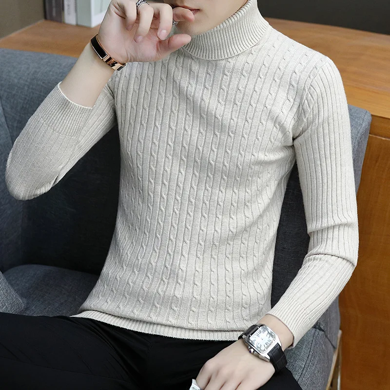 Winter Mens Turtleneck Sweater Solid Color High Neck Thick Warm Pullover Fashion Mens Knitwear Outdoor Tops