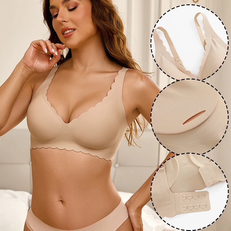 

Scallop Trim Seamless Push Up Bra Adjust Strap Wireless Support Lingerie Anti-sag Breast Lift Bra For Daily & Sports Plus Size