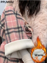 Plaid Wool Blend Wide Leg Pants Women Winter Thicken Warm Sweatpants Vintage Velvet Lined Straight Pantalones Baggy Woolen Broek