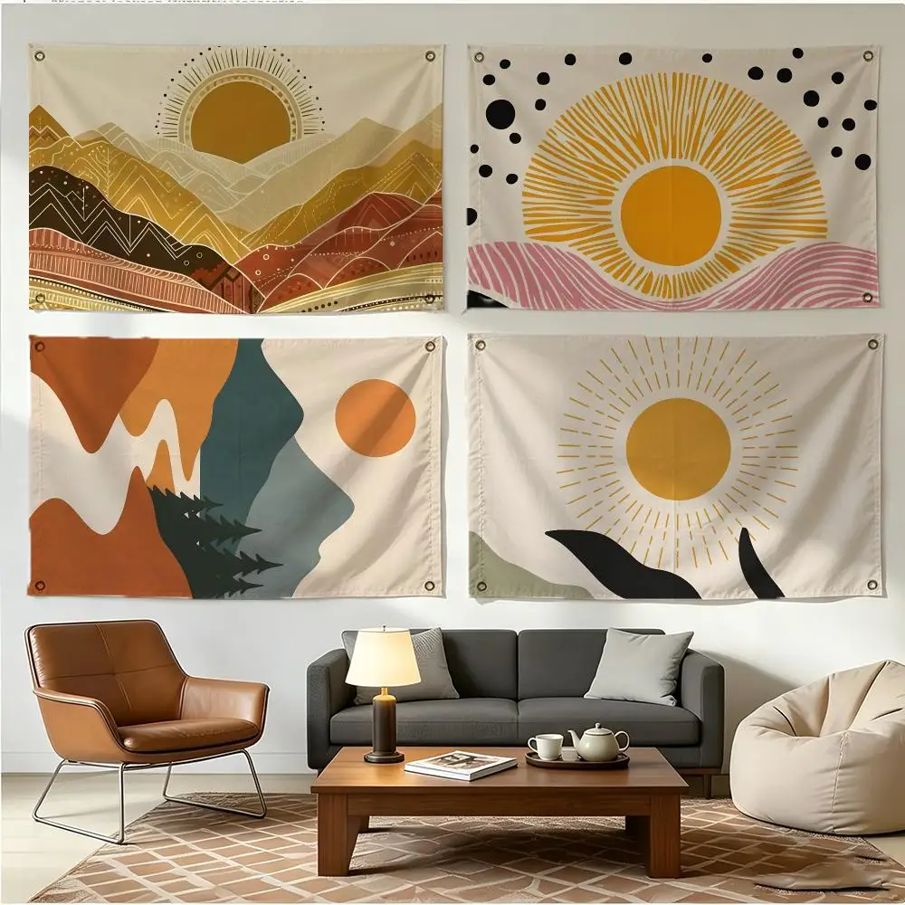 Earthy Eclectic Art B-Boho Bohemian Style Flags Four Ring Borderless Art Decor Indoor Outdoor Use Simple Hang And Install