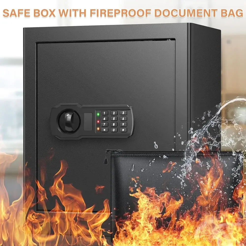 Large Safe Box with Waterproof Document Bag, Home Security Safe with Removable Shelf, Combination Lock Box for Money and Importa