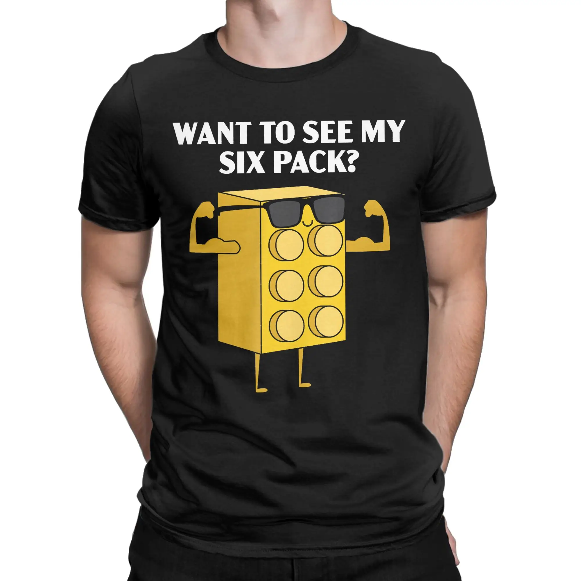 Want to See My Six Pack Bricks Lover Master Builder Men's T Shirts  Fashion Tee Shirt Short Sleeve Round Collar Cotton Clothing