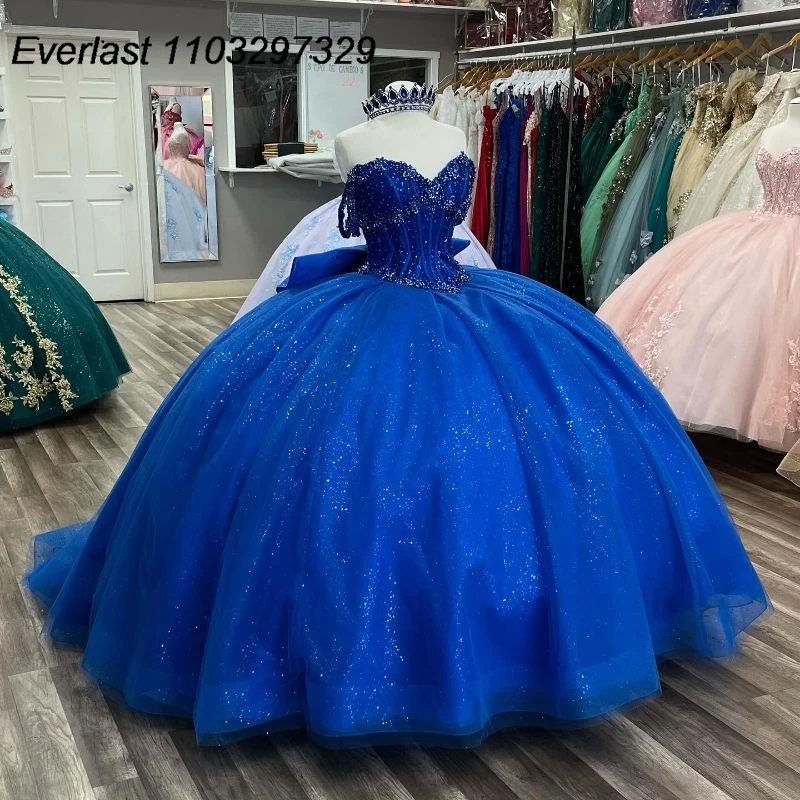 

EVLAST Shiny Royal Blue Quinceanera Dress Ball Gown Lace Applique Beading Crystals Corset Sweet 15 16 Vestido De 15 Anos TQD564