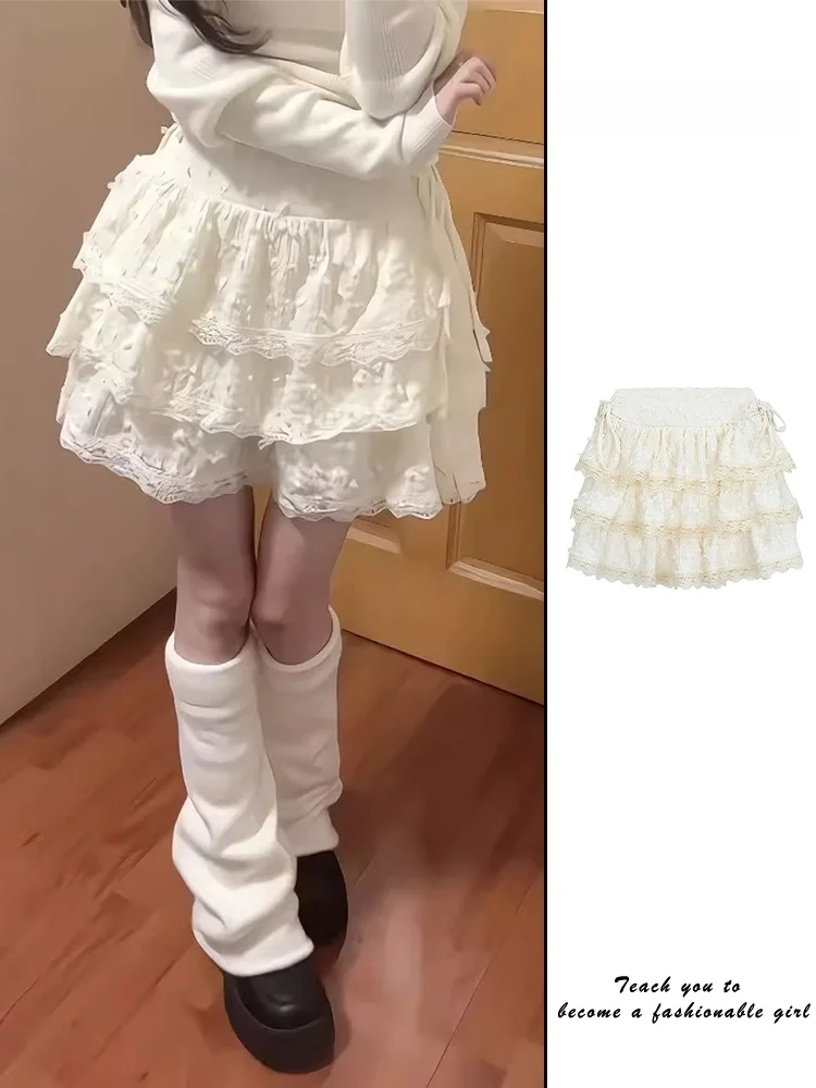 Spicy Girl Pure Desire Cream Cake Skirt Short Women's Autumn Winter Sweet Design Small Lace Puffy  Skirt Half-length Skirt