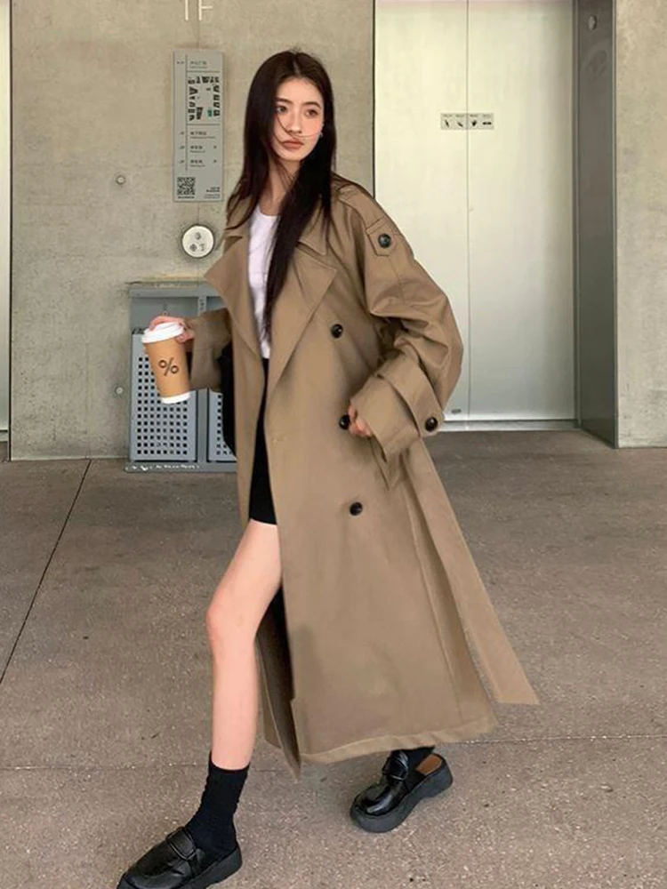 Vintage Elegant Women Long Trench Casual England Long Sleeve Belt Coat Jacket Fall Winter Lady Sweet Retro Harajuku Pockets Tops