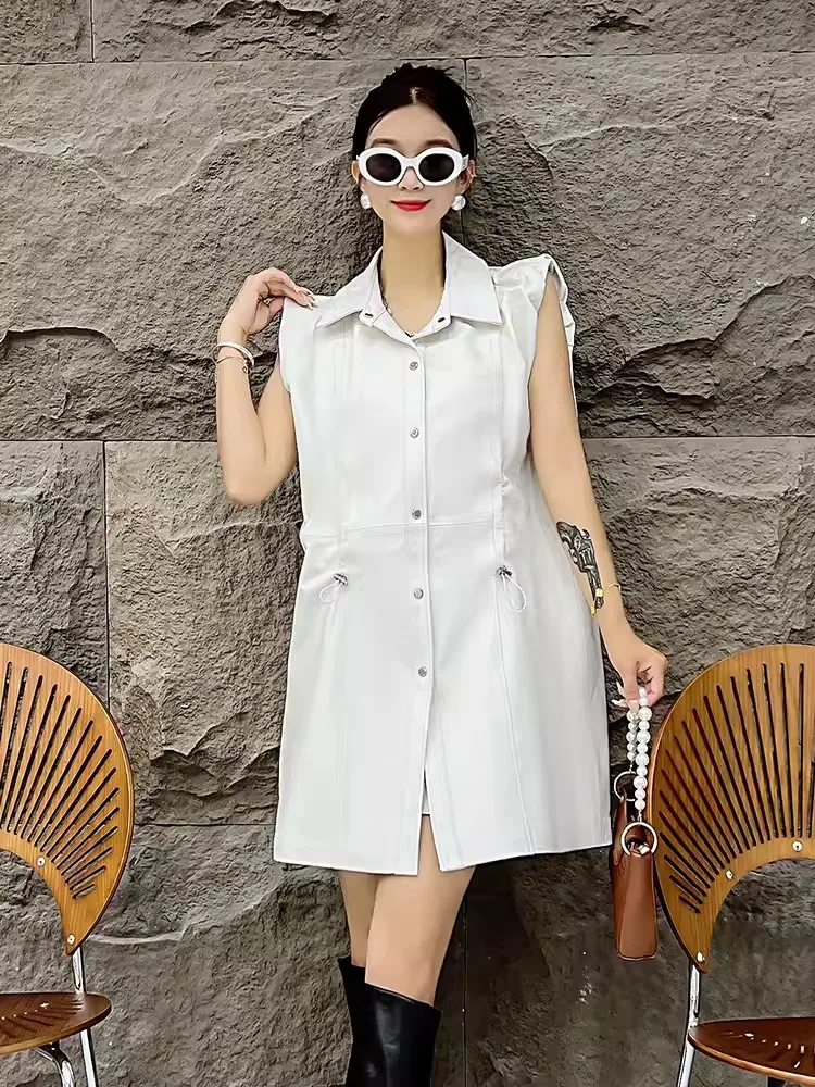 Spring Fashion Women Long Genuine Leather Vest Single Breasted Sleeveless Real Sheepskin Jacket Drawstring Pleated Waistcoat Top