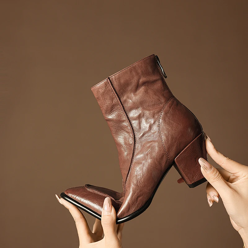 2026 new autumn winter natural leather women ankle boots 22-25cm washed cowhide round toe back zip thick heel short boots