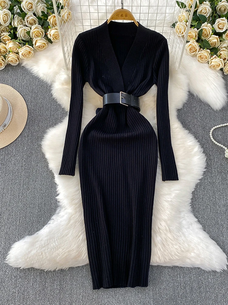 Herfst Winter Vrouwen Elegante Cross V-hals Lange Mouwen Jurk Nieuwe Rode Taille Cinched Bottom Gebreide Lange Jurk S165