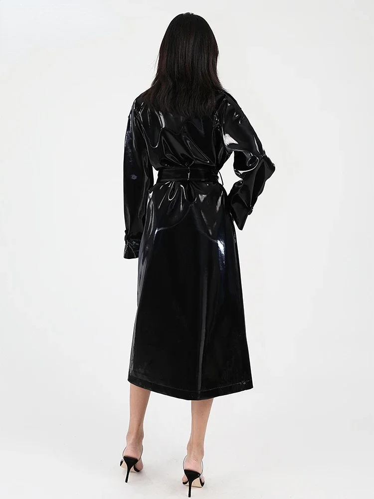 Shiny Patent Leather Turn-Down Collar Trench Coat with Belt for Women, Gothic Faux Latex, PU Long Sleeve Overcoat, Winter Custom