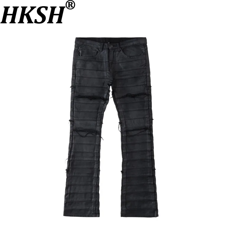 HKSH Spring Autumn New Men Tide Dark Punk Chic Ins Vintage Waxed Tassel Denim Pants Patchwork Jeans Light Luxury Skinny HK27446