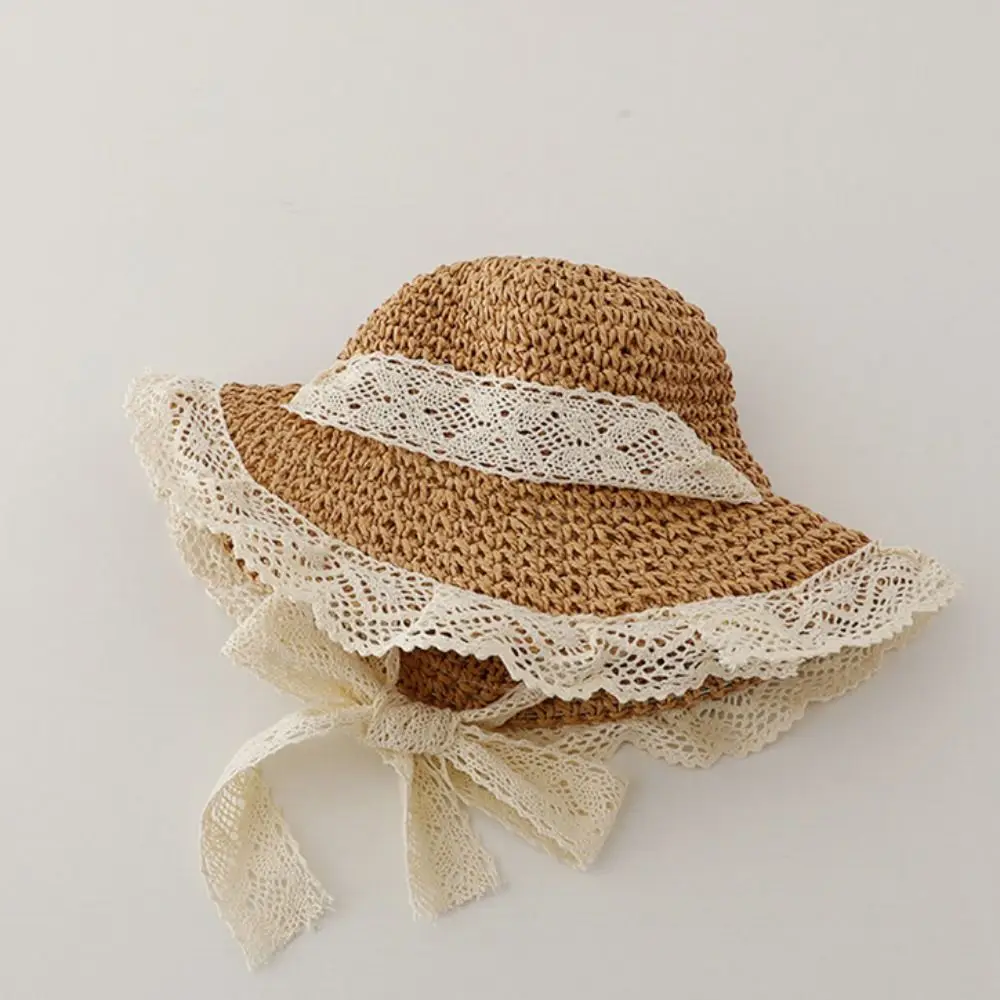 الدانتيل يصل الأطفال القش قبعة الشمس التظليل قبعة المضادة للأشعة فوق البنفسجية قبعة الشمس الكرتون ظلة قبعة الكورية نمط طوي الأطفال قبعة بواقٍ للشمس الفتيات #3