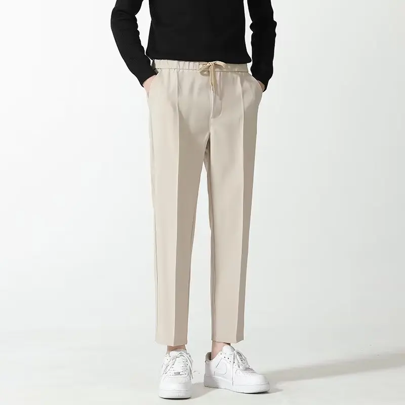 Summer Men's Slim Fit Casual Pants Nine Points Drapey Belted No Ironing Straight Leg Youthful Style Pure Color mid Waist