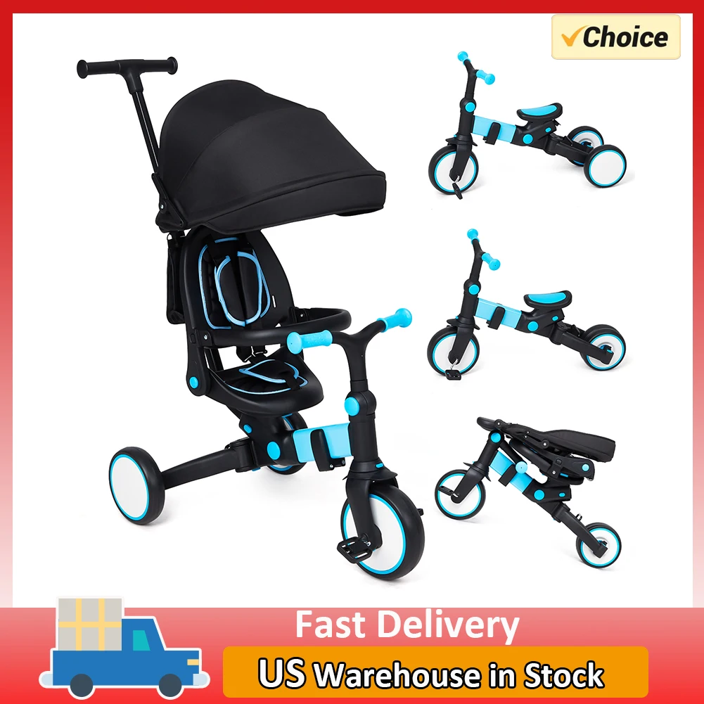 7 in 1 Folding Kids Trike Sit Lying Toddler Stroller with Large Canopy Tricycle Dual Brake Bicycle Stroller for Children Baby