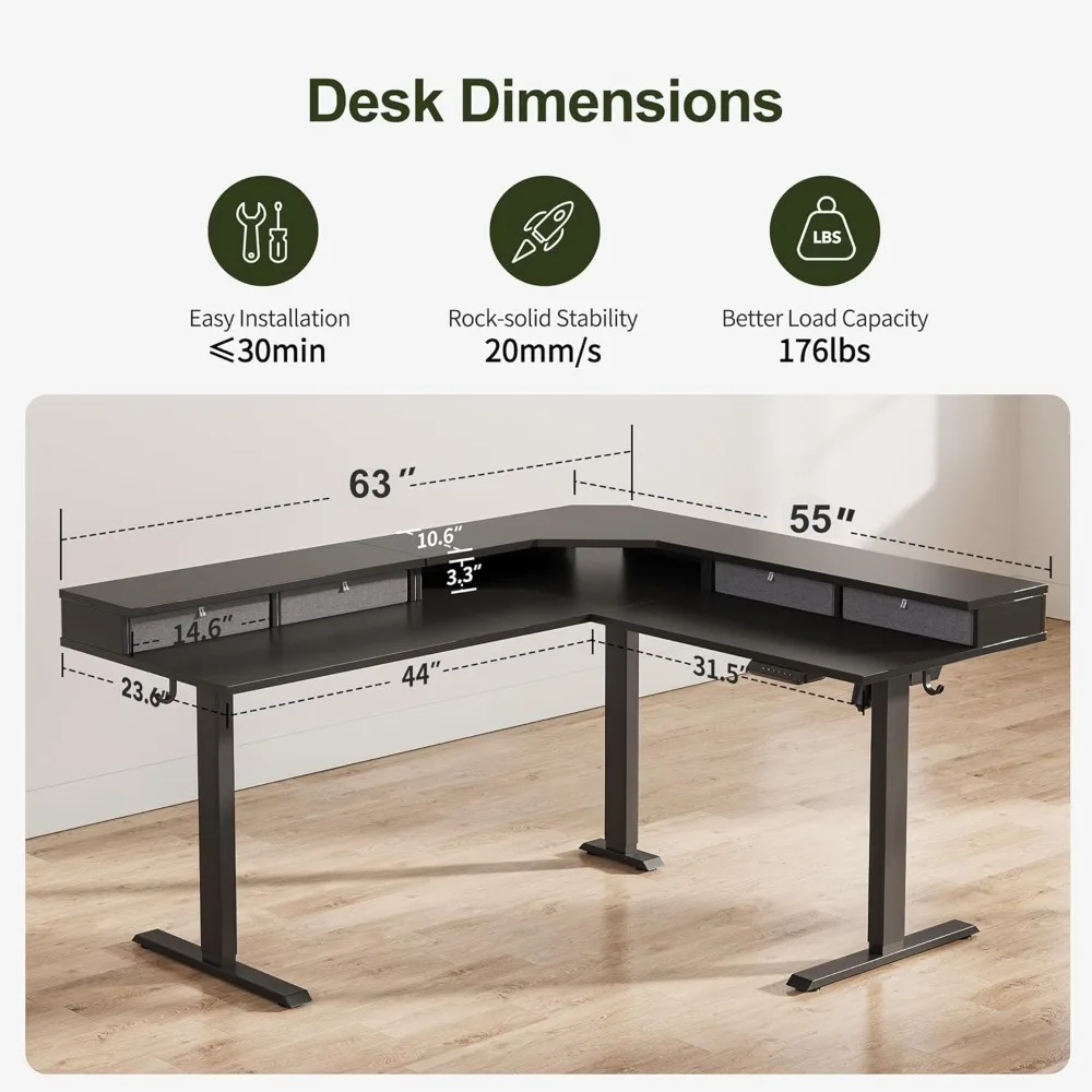 L-Shaped Electric Standing Desk,Height Adjustable Stand up Desk with 3 Drawer,Corner Stand up Desk, Black Top