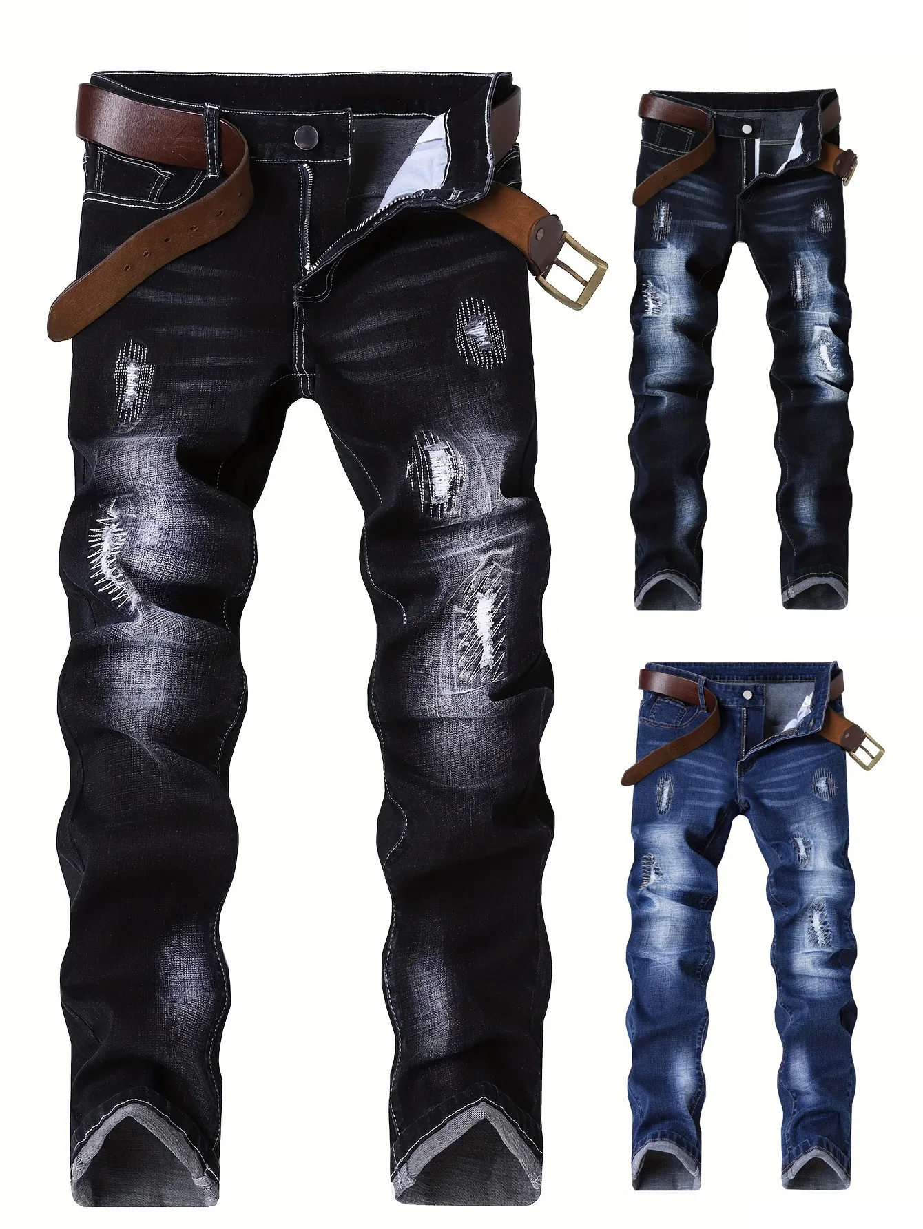 

Мужские модные джинсы прямого кроя для мотоциклистов, с эластичным поясом, из выстиранного денима, с вышивкой, в стиле хип-хоп, уличная мода, брюки