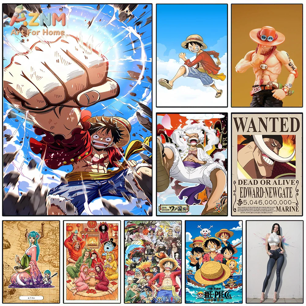 AZNM One Piece Anime Canvas Wall Art Monkey D Luffy Gear 5 Portgas D Ace Edward Newgate Kozuki Hiyori Boa Hancock HD Print Frame