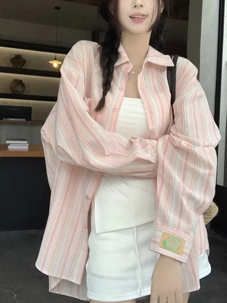 

Pink Striped Shirt Women Korean Loose Long Sleeved Button Up Blouse Ladies Spring and Summer New Preppy Style Casual Shirts