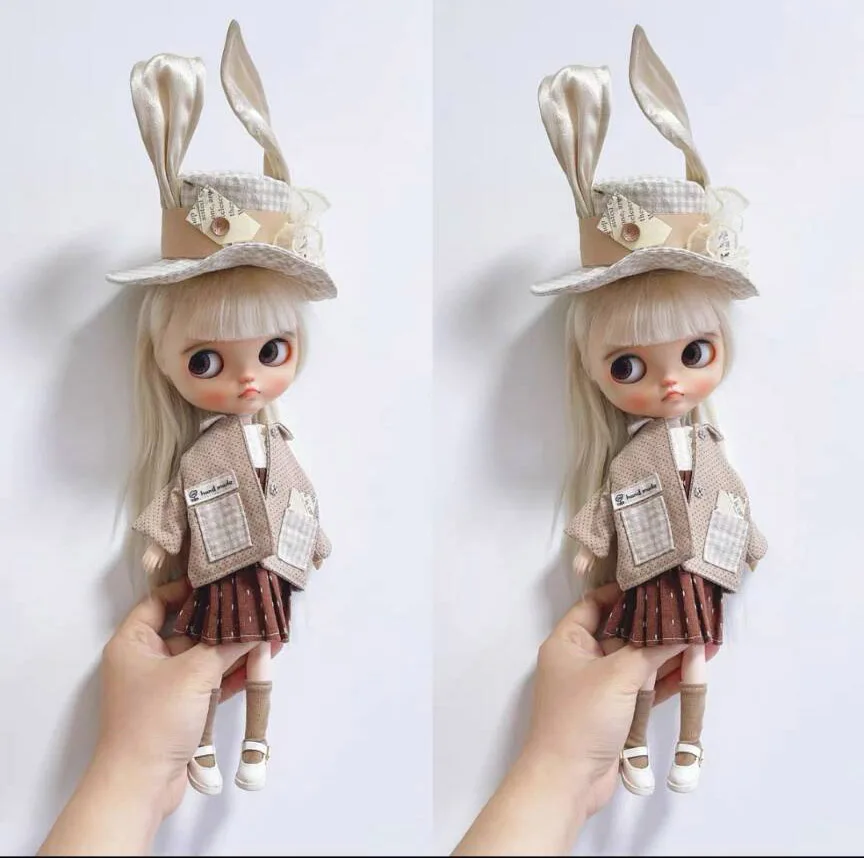 4pcs Retro clothes blythe doll outfit  sleeveless skirt/oversized jacket/ Rabbit ear envelope cap/bag 1/6 (For PullipOb22/24/26)