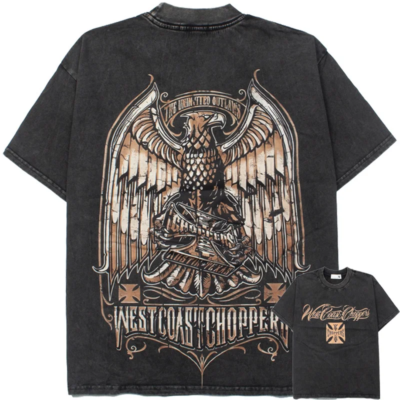 

Black West Coast Eagle Print T Shirt Men Women American Streetwear Tee Vintage Washed Loose Short Sleeve High Quality Loose Tops