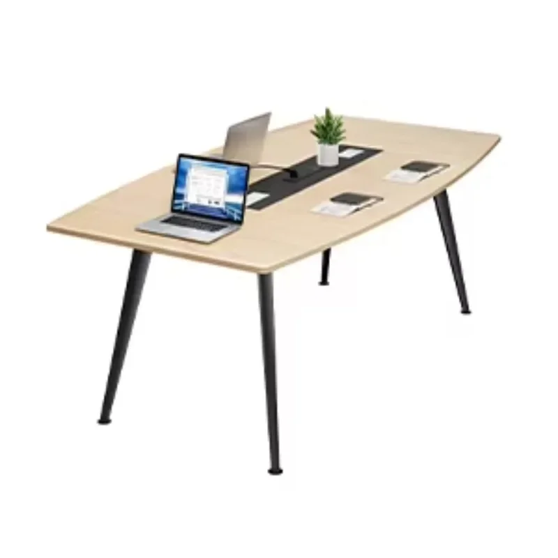 6-Foot conference table with electrical outlet Light wood grain boat-shaped conference table with rectangular grommet Modern
