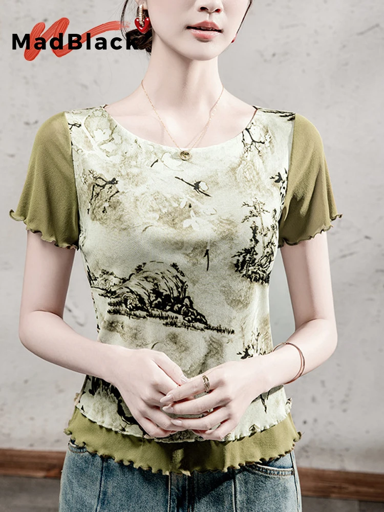 

MadBlack-Женская футболка из двух предметов в европейском стиле, сексуальный принт с круглым вырезом, уличная тонкая сетчатая футболка с короткими рукавами, лето 2023 T56710CC