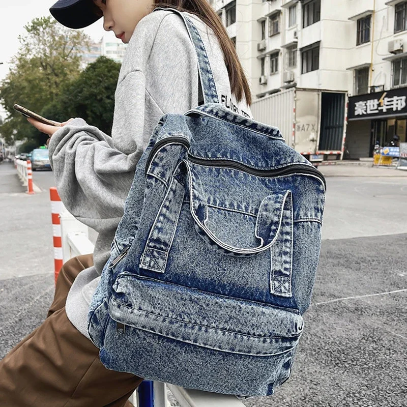 2022 New Denim Women Backpack Retro Travel Bagpack Large Capacity Backbag College Student School Bags for Teenager Girls Rugtas