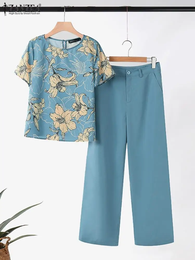 2PCS Fashion Short Sleeve Prints Blouse Trousers Suits Summer Tracksuits Women Matching Sets ZANZEA Elegant OL Work Pant Sets