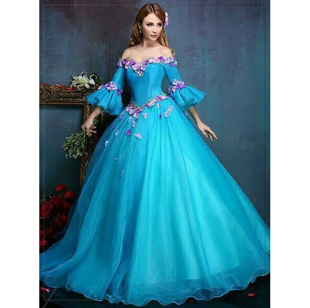 

Elegant Blue Off The Shoulder Evening Dress With Applique New Fashion Female Formal Banquet Party Prom Gowns