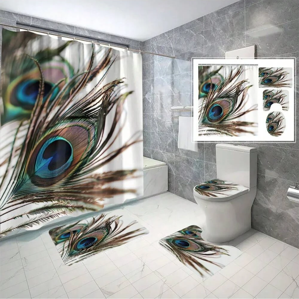 4pcs Wildlife Feather Design Shower Curtain Set, Includes Toilet Seat Cover, Waterproof, Bathroom Accessories With Hooks