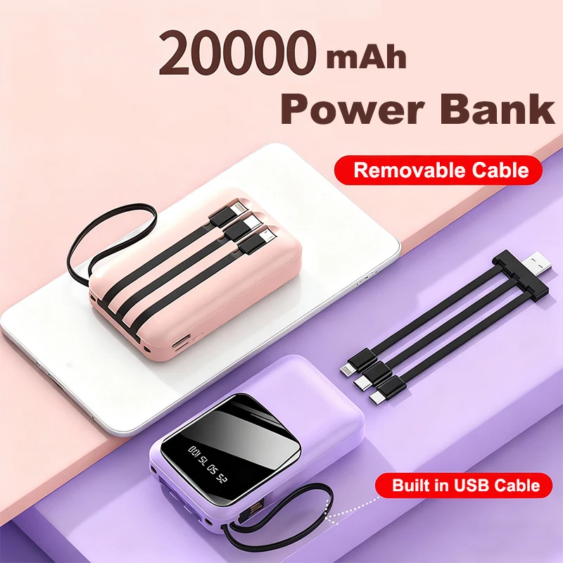 

Power Bank 20000mAh with 4 Cable Digital Display Portable External Battery Charger Powerbank for iPhone 17 Samsung Huawei Xiaomi