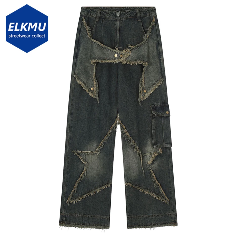 Pantalones vaqueros holgados Vintage para hombre, ropa de calle de Hip Hop, con retales de estrellas, 2023