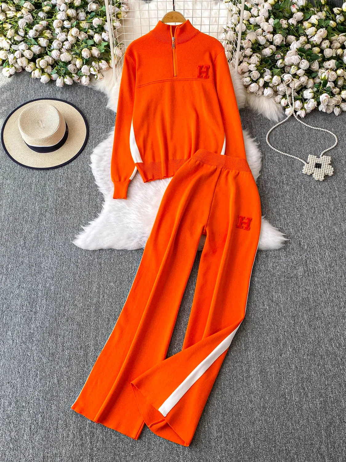 Casual Knitted f-Zipper Stand Collar Women's Faion Set Winter Slimming High Waist Wide Leg Pants Two-Piece Suit Ensemble