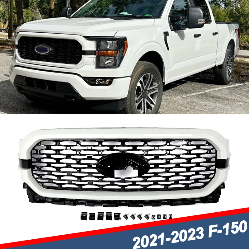 

Magickit Grille Assembly For 2021-2023 Ford F150 XL XLT STX Star White Metallic with Black Honeycomb Front Bumper Upper Grills