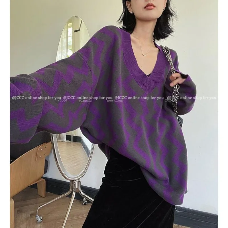 Purple Contrasting Water Ripples 2025 Spring and Autumn New Color-blocking Loose Long-sleeved Sweater V-neck Sweater Top for Wom