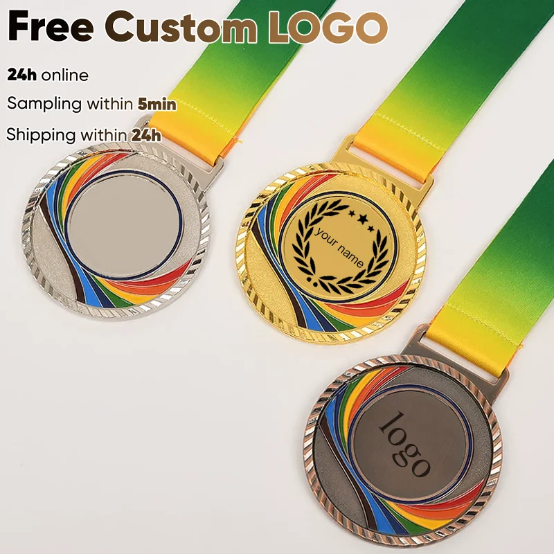 

Бесплатные индивидуальные пустые медали Цветная медаль с цветной лентой Медаль цвета золотистого, серебряного и меди для спортивных сувениров, подарков для компании