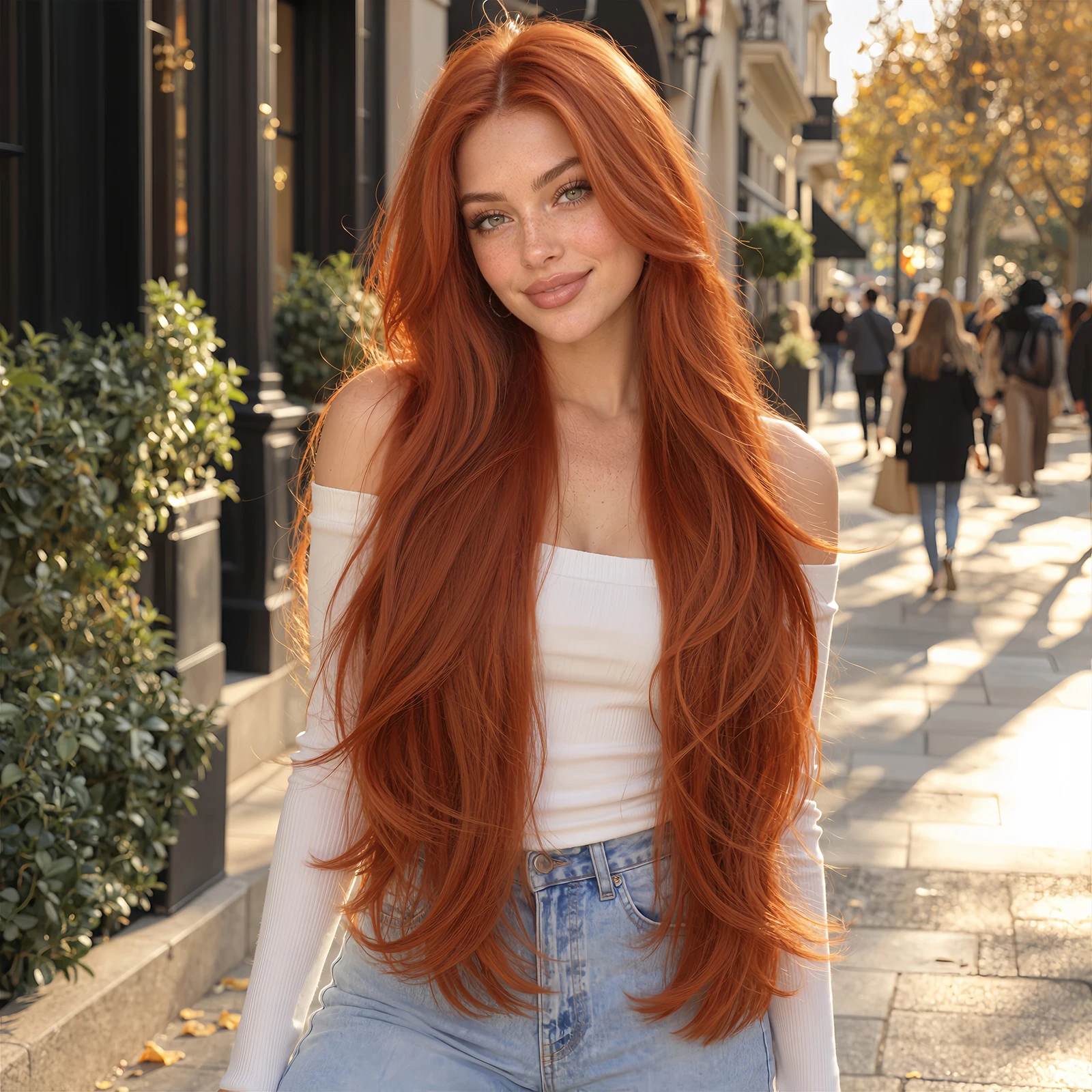 32 Inches Long Natural Wave Wig for Woman Middle Part Layered Curly Ginger Orange Brown Synthetic Wig Copper Red Heat Resistant Fiber for Girls Suitable for Cosplay Halloween Christmas and Daily Wear