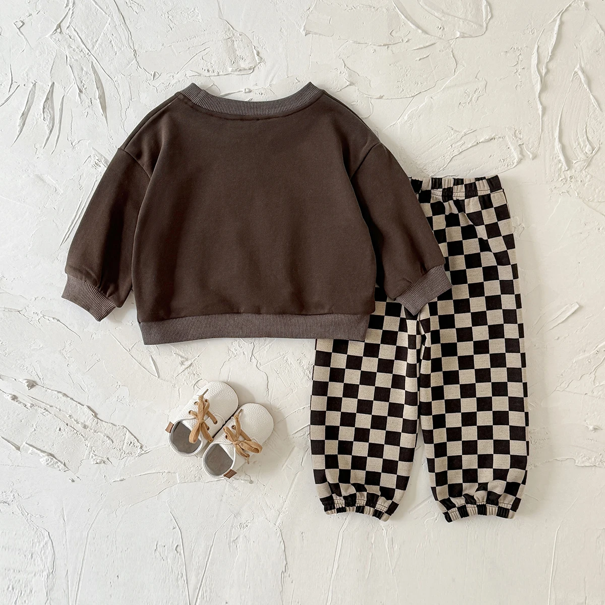 Spring/Autumn Baby Set 0-3 Years Hoodie  Solid Color Top+Checkered Pants Comfortable Stylish Baby Outfit for Fall