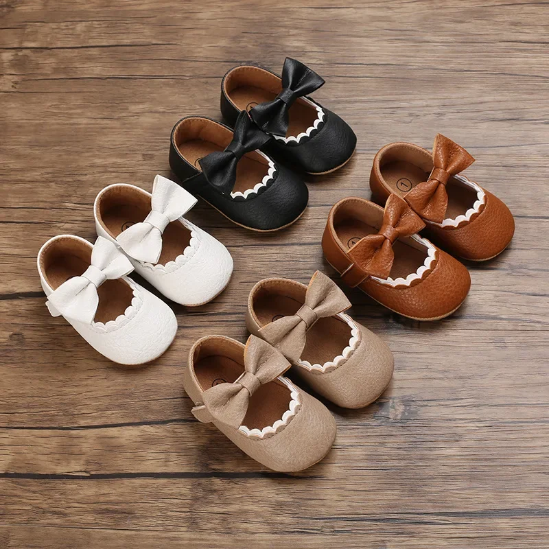 White Apricot Brown Baby Girl Princes Shoes Infant Toddler Bowknot First Walkers Non-slip Rubber PU Soft-Sole Flat Shoes E26