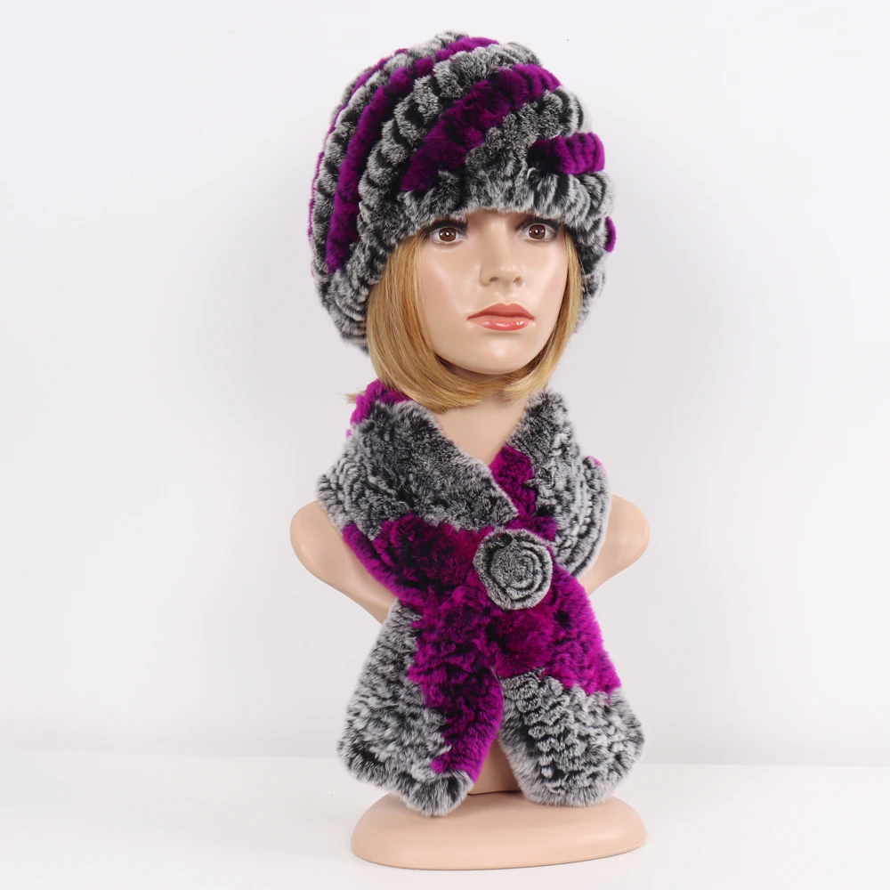 2025 neue Frauen Echtpelz Hut Schal Sets Winter Warme Gestrickte Rex Kaninchen Fell Mützen Hüte Schals Weibliche 100% natürliche Pelzmütze Schal
