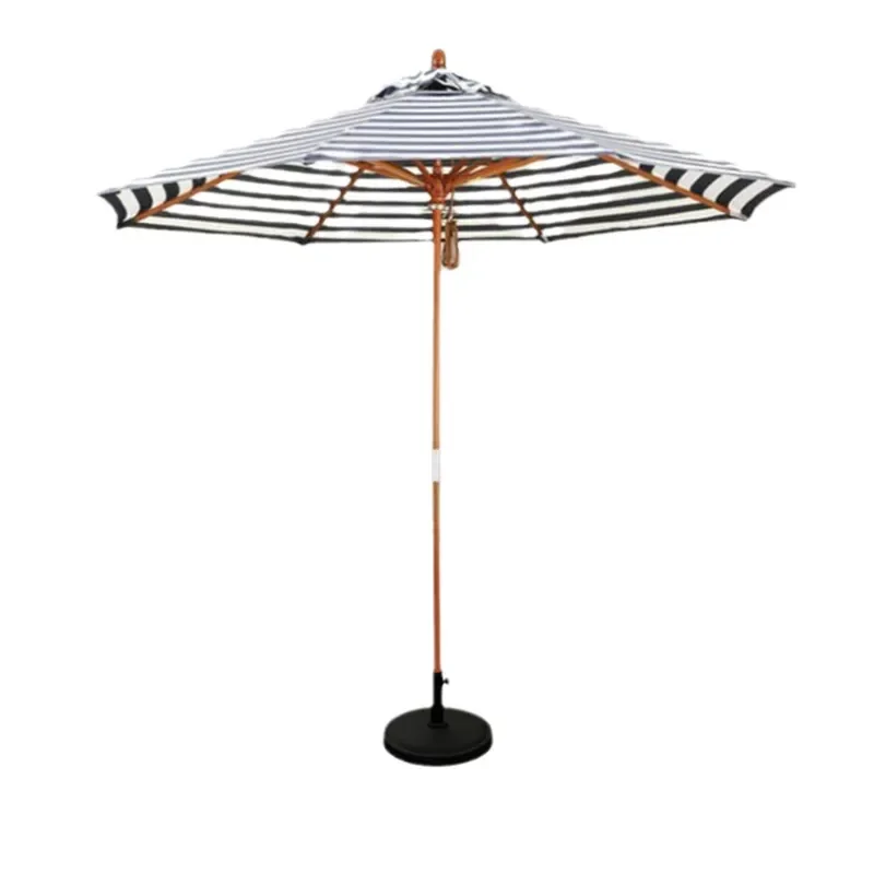 Black White Striped Solid Wood Patio Umbrella with Mid Column for Outdoor Garden Table Large Sunshade Beach Parasol