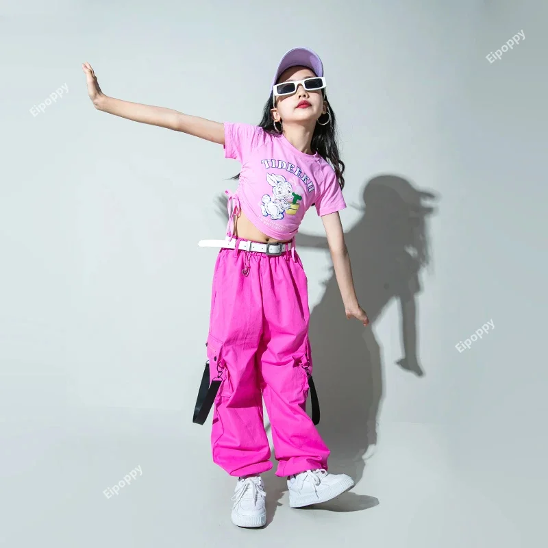 Girls Sweet Crop Tank Top Hip Hop Cargo Pants Clothes Set Kids T-shirt Street Dance Joggers Child Streetwear Teen Lovely Costume