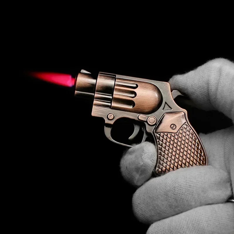 

New Cool Mini Pistol Lighter Revolver Gas Inflatable Jet Flame Windproof Lighters Metal Keychain Pendant Lighter Gun Gift No Gas