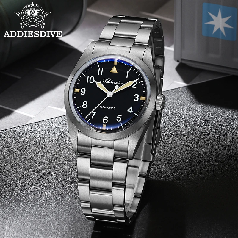 ADDIESDIVE AD2502 Titanium Watch Men 36mm Quartz Wristwatch Domed Glass 100m Waterproof Luminous VH31 Dress Light Watch