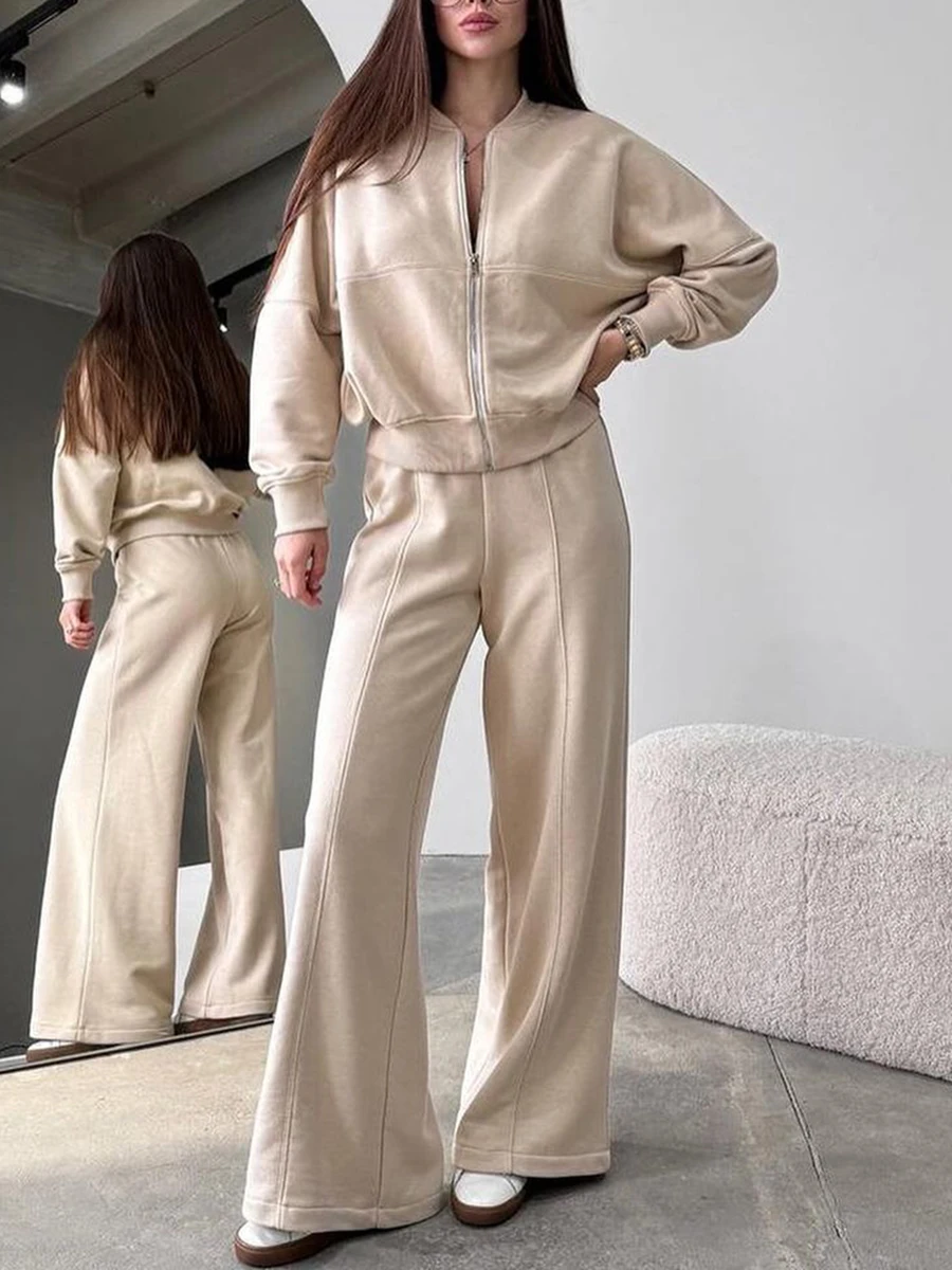 2024 Solid Zipper Sweatshirt Suit Women Long Sleeve Top Drawstring Wide-leg Pants Sets Loose Hooded 2-Piece Set Sports Outfits