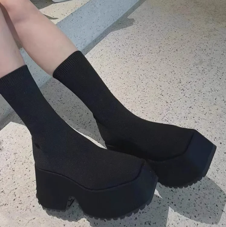 

Black Wedges Elastic Retro Socks Boots Women Square Toe Platform Ankle Boots Lady Sexy Vintage Shoes Spring