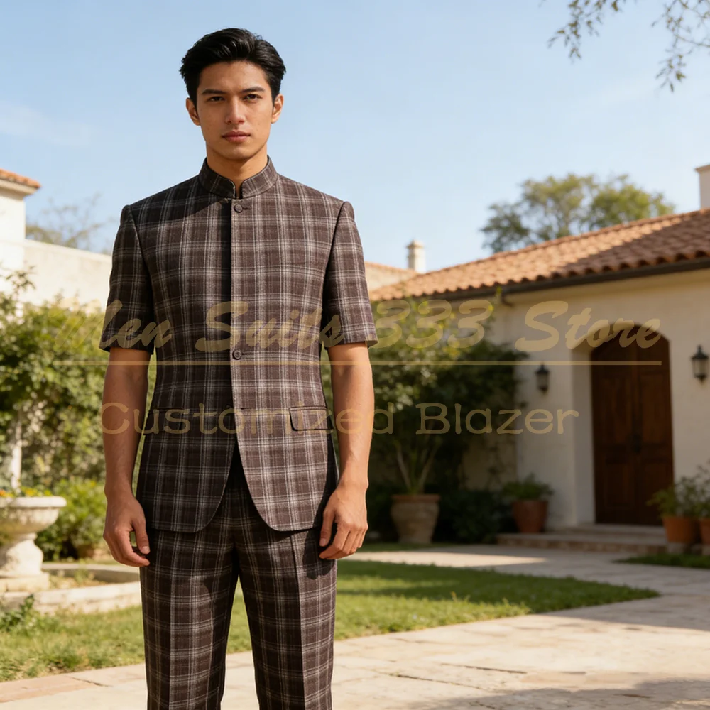 

Plaid Men's Suits Casual Chic Single Breasted Stand Lapel Blaer Regular Fit High Quality 2 Piece Jacket Pants Outwear Clothing