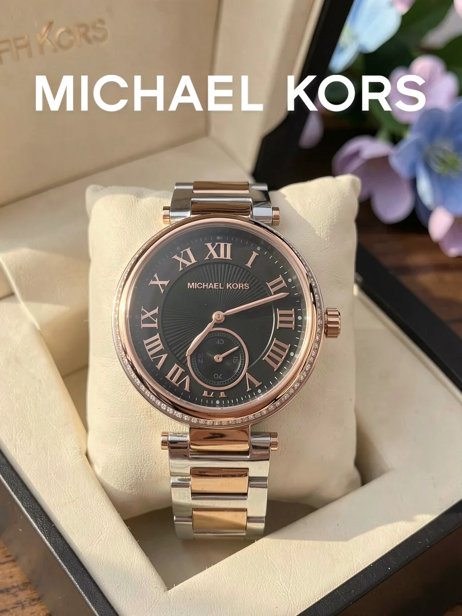 Michael Kors Ladies Watch Round Black Dial Two Tone Quartz Wristwatch Crystal Roman Numeral for Party Dating Birthday Gift Women