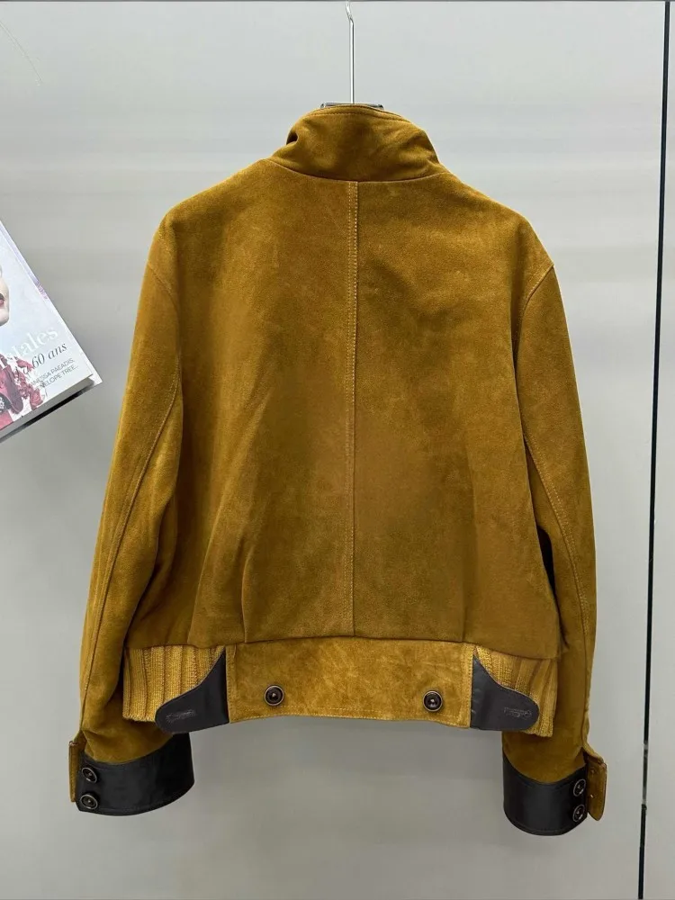 เสื้อแจ็คเก็ตหนังแท้สำหรับผู้หญิง คอตั้ง แขนยาว สไตล์ลำลอง แฟชั่นไฮสตรีท เสื้อคลุมตัวนอก แต่งผ้าหนังกลับและหนังแกะ เสื้อโค้ทสั้นสำหรับผู้หญิง