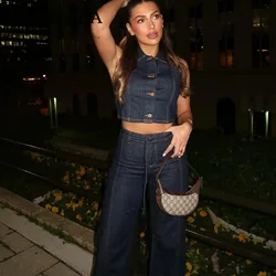 KONDALA 2026 Spring Summer Streetwear Denim Women Suits Fashion Vintage Single Breasted Sleeveless Vests Chic Sashes Flare Pants